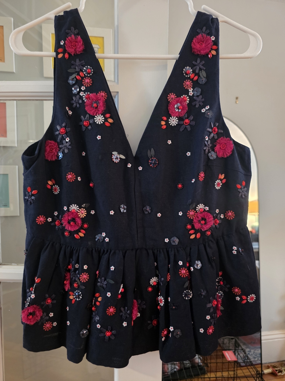 JCrew Navy Embroidered Floral Peplum Blouse